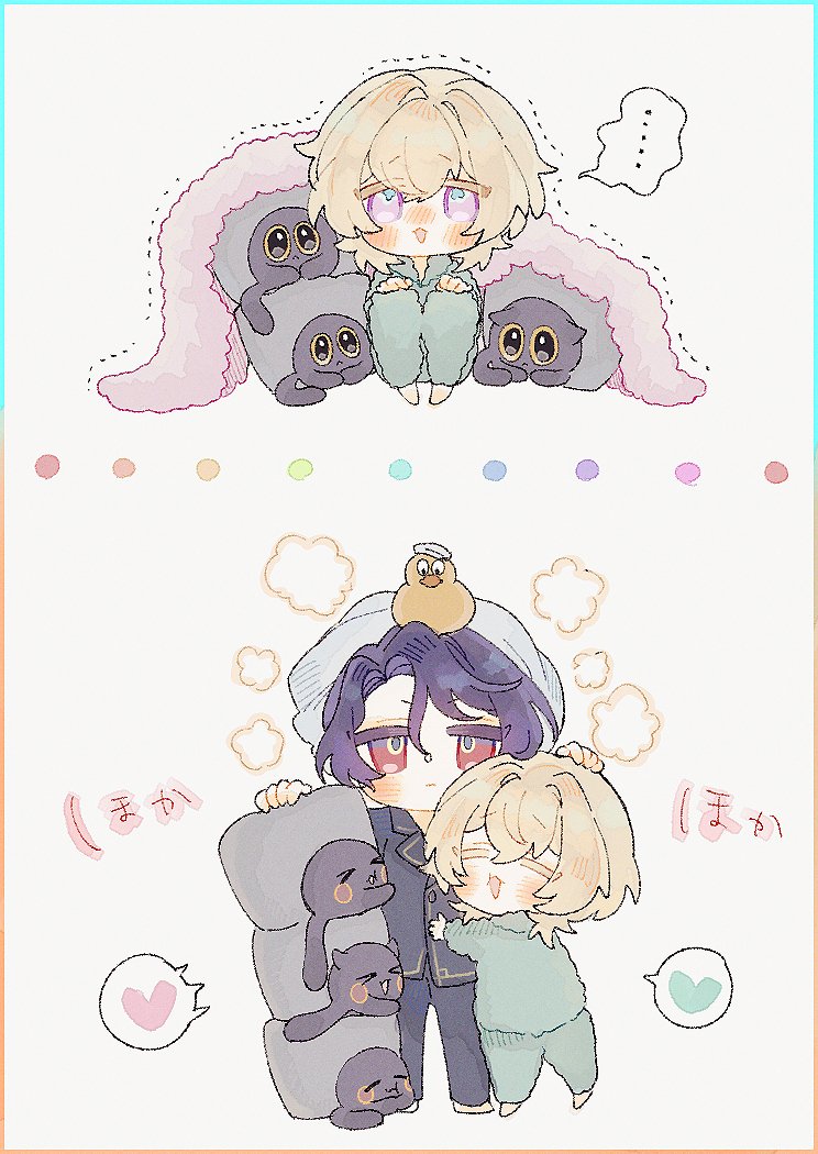 he image contains two illustrations. the top illustration shows a chibistyle blonde boy surrounded by small, dark gray catlike creatures, all nestled under a pink blanket. he looks slightly sleepy or content. the bottom illustration depicts two chibistyle characters, one with dark purple hair and another with blonde hair, hugging each other affectionately. they are also surrounded by similar small, dark gray catlike creatures. a small bird sits atop the darkhaired character's head. both illustrations have a soft, pastel color palette and a sweet, cozy atmosphere.  the style is reminiscent of japanese fanart. the text in japanese likely signifies the names or nicknames of the characters.