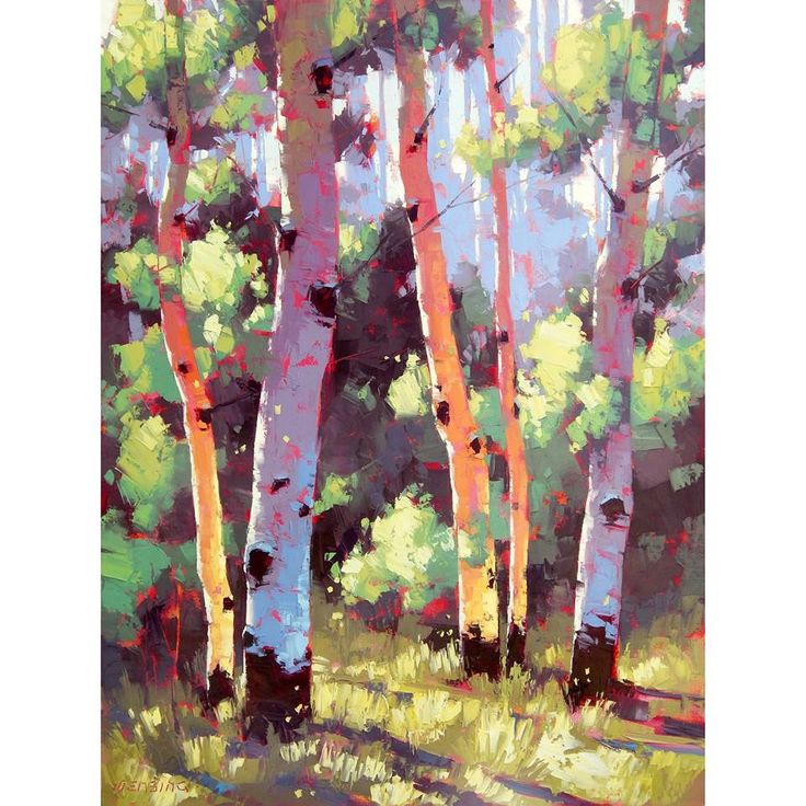 the image is a vibrant, impressionistic painting of aspen trees.  the style is impasto, with thick, visible brushstrokes adding texture to the surface.  the colors are rich and varied, with greens, yellows, oranges, purples, and blues creating a sense of light and shadow within the forest scene. sunlight filters through the leaves, illuminating some tree trunks while leaving others in shadow. the overall effect is one of lively energy and movement, capturing the essence of a sunlit aspen grove. the painting appears to be done in oil or pastel on canvas.