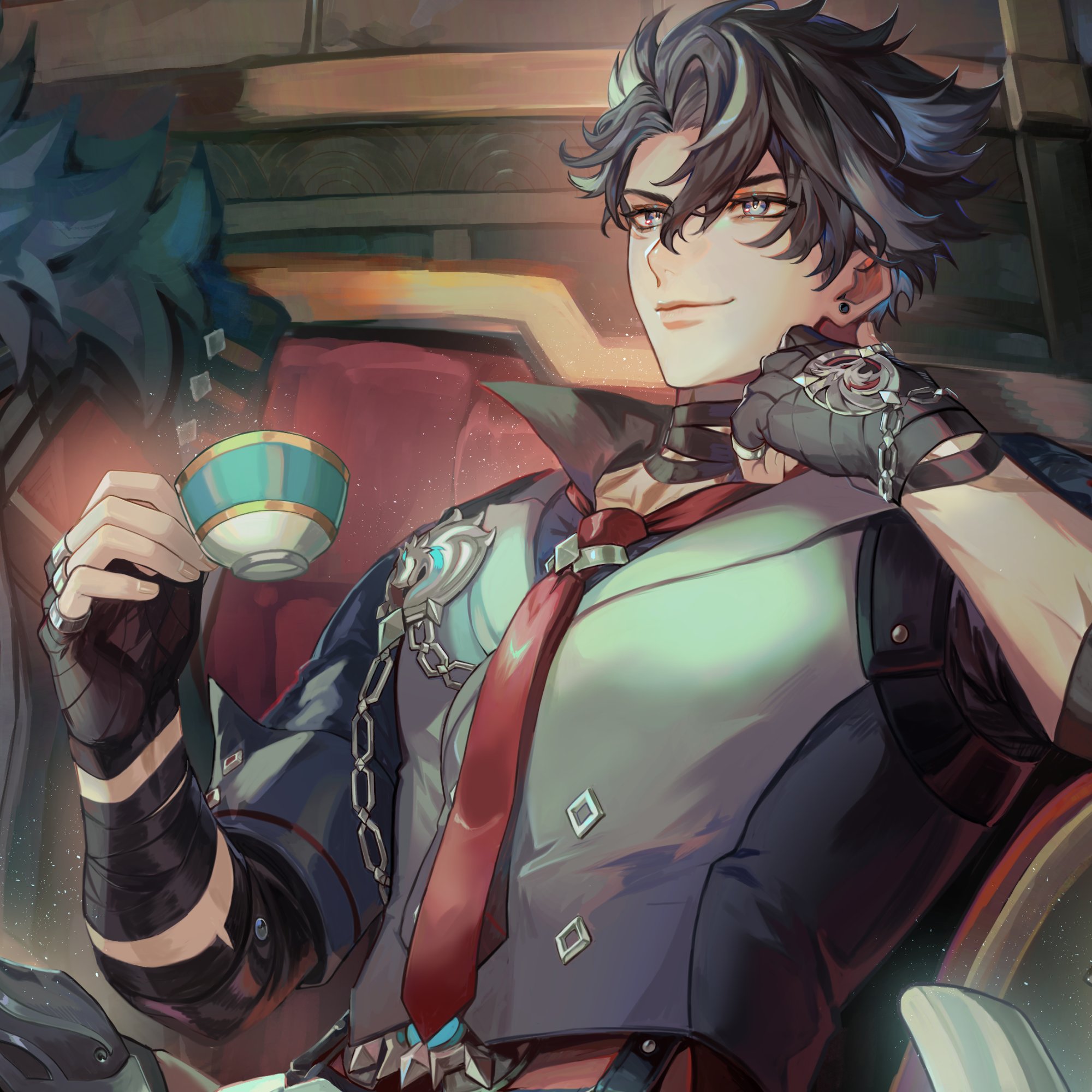 the image is of a young anime man with black hair and blue eyes. he is wearing a black jacket, a red tie, and a silver pendant on a chain. he is sitting in a chair, holding a teacup in his hand. he is looking directly at the viewer with a slight smile on his face. the image is dark and mysterious, creating a sense of intrigue around the character. he looks very confident and serious.