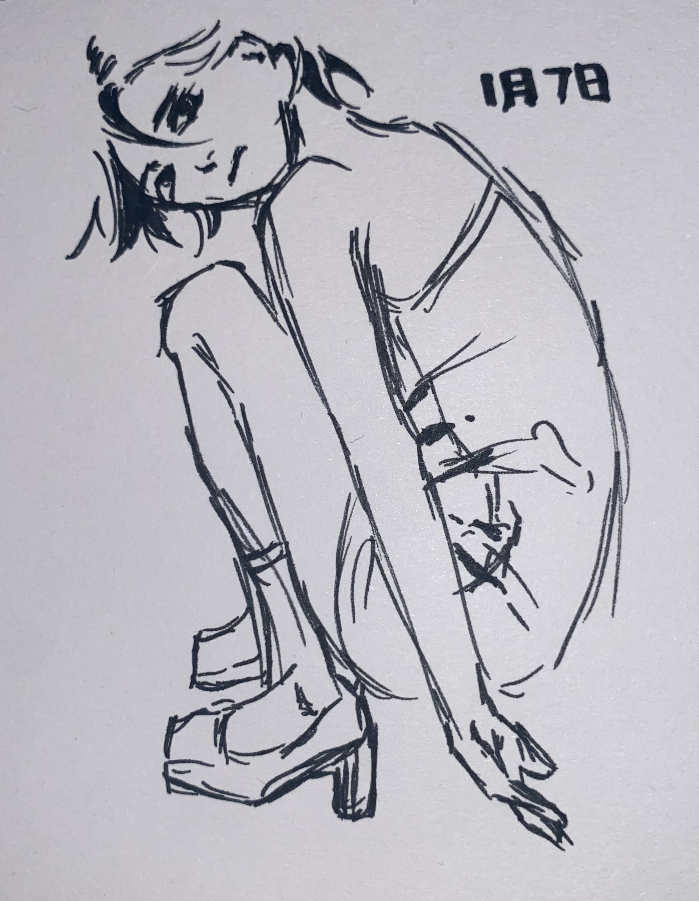 a black and white line drawing of a woman crouching down.  she's wearing boots and what looks like a sleeveless top. the style is loose and expressive, focusing on capturing a pose and feeling rather than precise detail. the drawing is done in a style reminiscent of quick sketches or fashion illustration.  there's a datelike marking (likely in japanese) near the upper right.