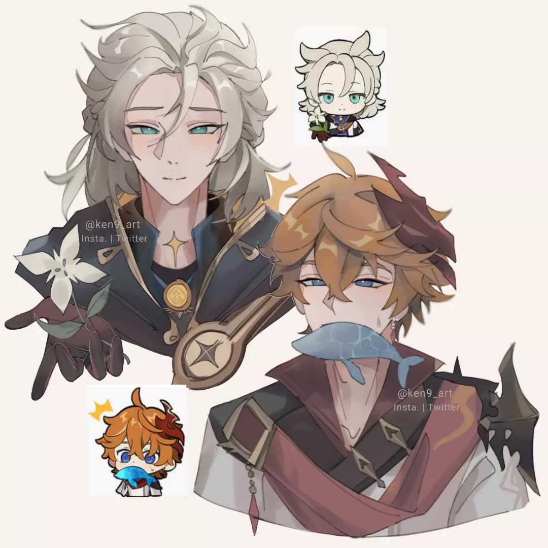 this digital artwork showcases fan art of aether and xiao from the popular video game genshin impact. the image features two main illustrations of the characters, along with two smaller chibistyle versions of each. aether is depicted holding a delicate white flower, while xiao has a small blue fish in his mouth. both main illustrations are rendered in a soft, pastel color palette with a detailed yet smooth style. the chibi versions are stylized and cute, matching the overall lighthearted yet artistic tone of the artwork.  the artist's watermark "@ken9_art" is present in the bottom right. the style is reminiscent of anime and manga art. the image conveys a feeling of gentle beauty and playful charm.