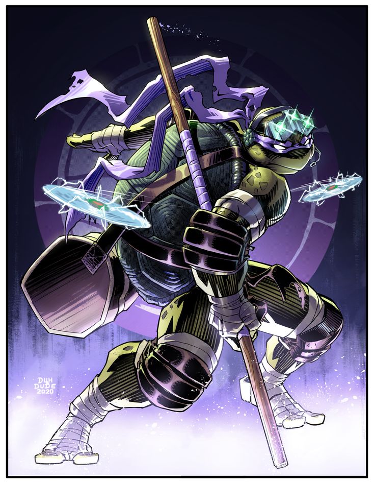 a drawing of donatello from teenage mutant ninja turtles, in a purple bandana, with a bo staff, two katanas, and a sai, with a purple bandana and in a midfight action pose.  the image is illustrated in the style of a comic.