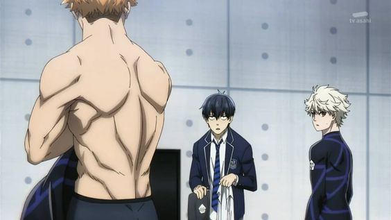 the image shows three young men in what appears to be a locker room. the man in the foreground is shirtless, showcasing a muscular physique, while the other two are dressed in school uniforms. one of the uniformed men has short black hair and a concerned expression, while the other has spiky white hair and a stoic demeanor. the atmosphere suggests a moment of tension or rivalry, possibly within the context of a sports anime.