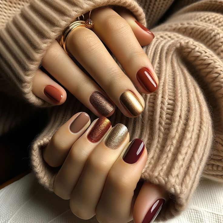 a hand with painted nails rests on a warm brown sweater. the nails are painted in autumnal colors: brown, gold, red, and glitter. the sweater is soft and cozy, and the image evokes a sense of warmth and comfort.