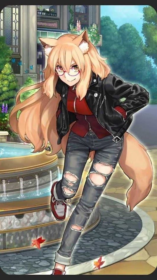 the image is of an anime girl with cat ears, a red shirt, a black leather jacket, ripped jeans, and red shoes. she is walking on a street with a fountain in the background. there are leaves on the ground, suggesting that it is autumn. the girl looks happy and cute. she is smiling and looking at the camera.