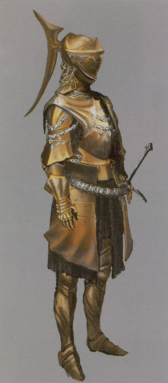 a full body illustration of a knight in ornate golden armor.  the knight's helmet has a curved, bladelike protrusion. the knight holds the pommel of a sword in its right hand. the image appears to be a character concept illustration.