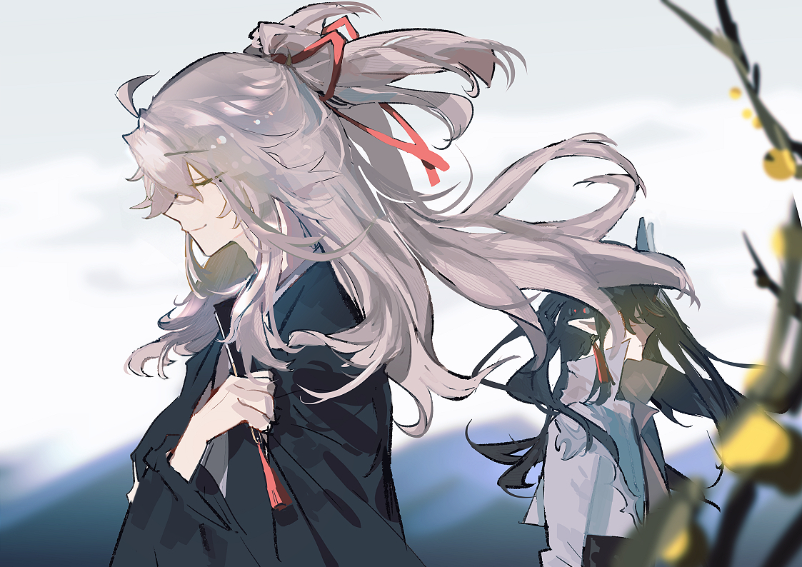 this is an animestyle illustration of two girls walking outdoors. the girl in the foreground has long, flowing white hair tied with a red ribbon. she is wearing a dark, traditional japanese kimono. the girl in the background has long black hair and is wearing a lightercolored kimono. the wind is blowing through their hair, and they are looking down at the ground as they walk. the scenery is a beautiful, natural setting with a blurred background. the art style is digital and very detailed, with a magical and enchanting feel.