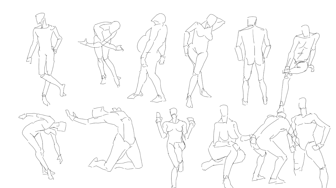 the image consists of a series of quick gesture drawings of human figures in various poses. the drawings are done in a loose, sketchy style, with an emphasis on capturing the overall movement and flow of the body rather than precise anatomical detail. the figures are depicted from different angles and perspectives, showcasing a range of actions and gestures.