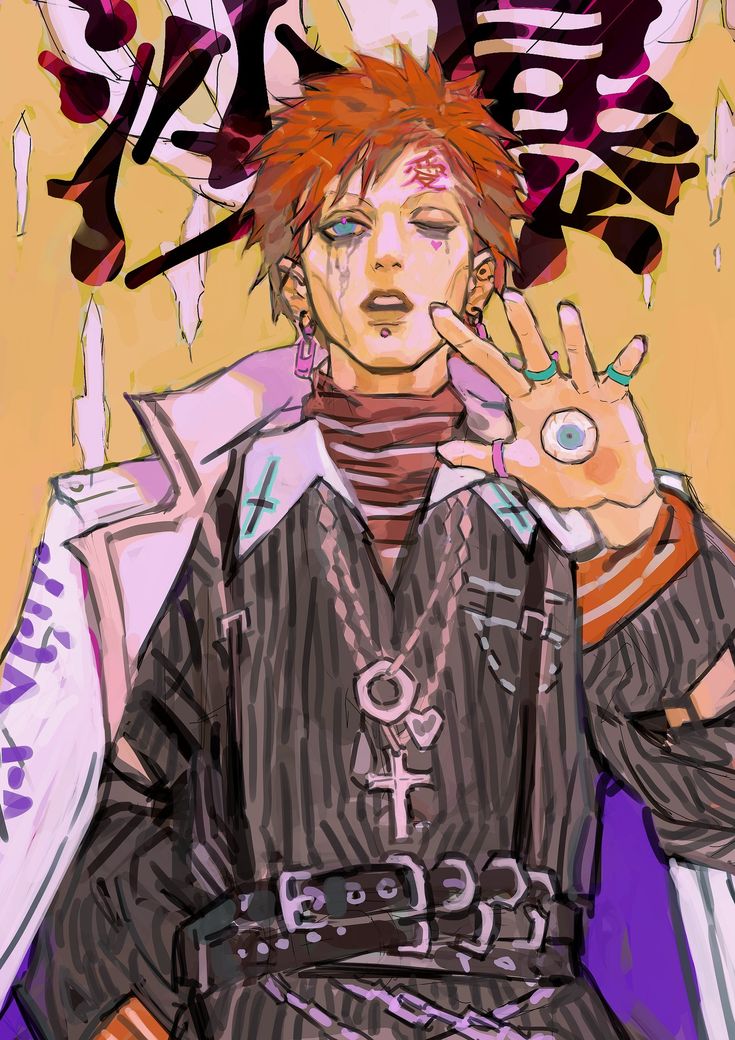 a digital illustration of an anime character with red hair, a black eye patch, and wearing edgy fashion. the character has a cross necklace and a belt with chains. the background is abstract and colorful.