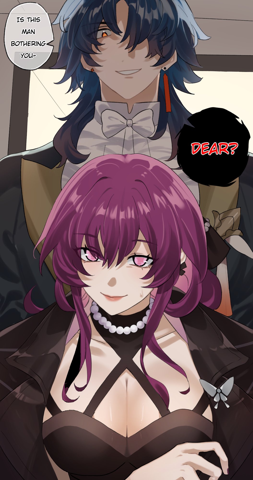 this image is a digital illustration of a woman with purple hair wearing a black outfit. she's looking at the viewer, smiling