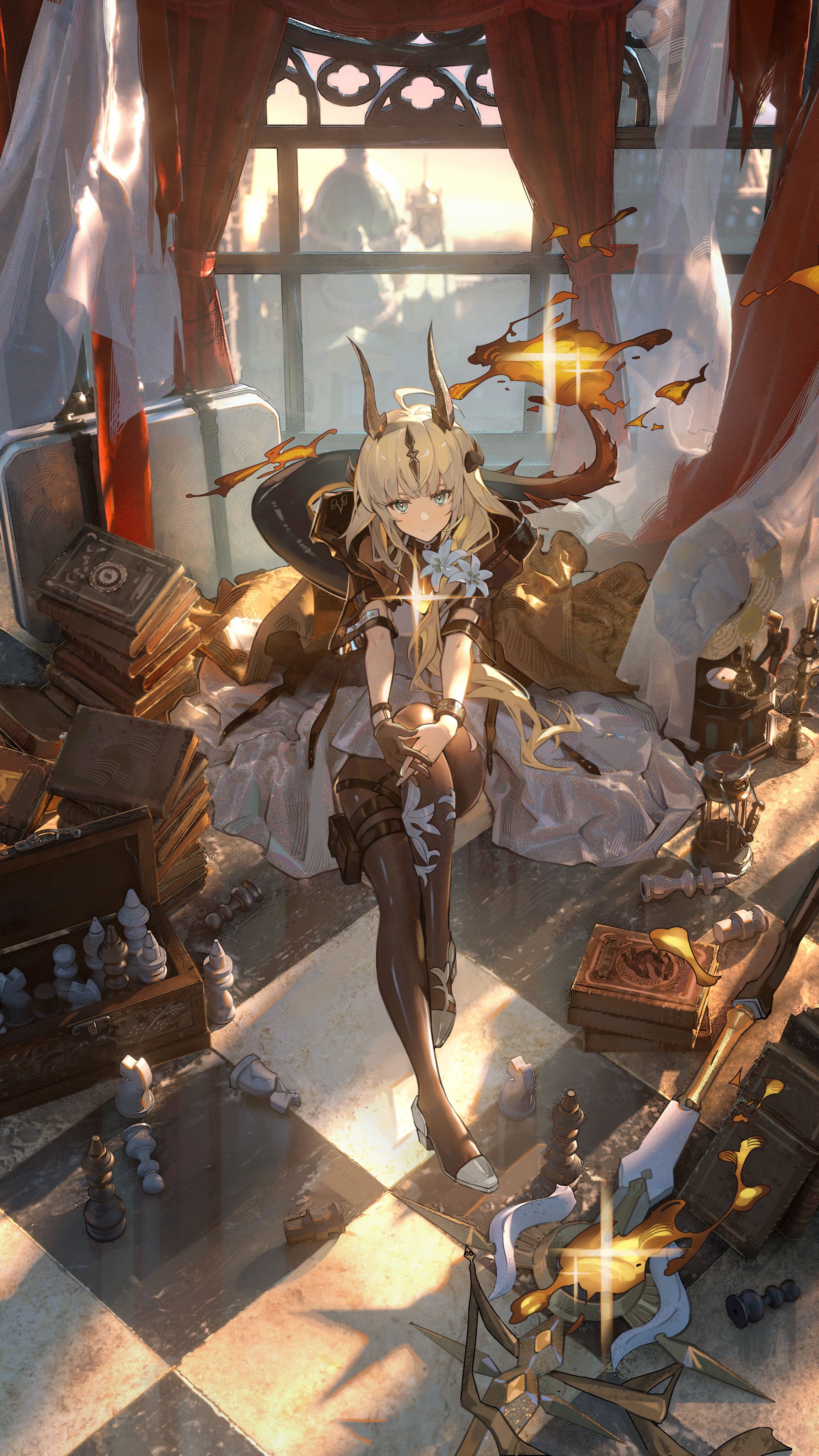 the image showcases an animestyle illustration of a blondehaired woman with horns, dressed in a stylish, antiquelooking outfit. she is seated on a large chessboard, surrounded by scattered chess pieces and old books.  the setting appears to be an antique room with a large window showing a sunlit cityscape outside.  there's a sense of magic and fantasy about the scene, enhanced by the golden light and mystical elements. the overall style is highly detailed and visually rich.