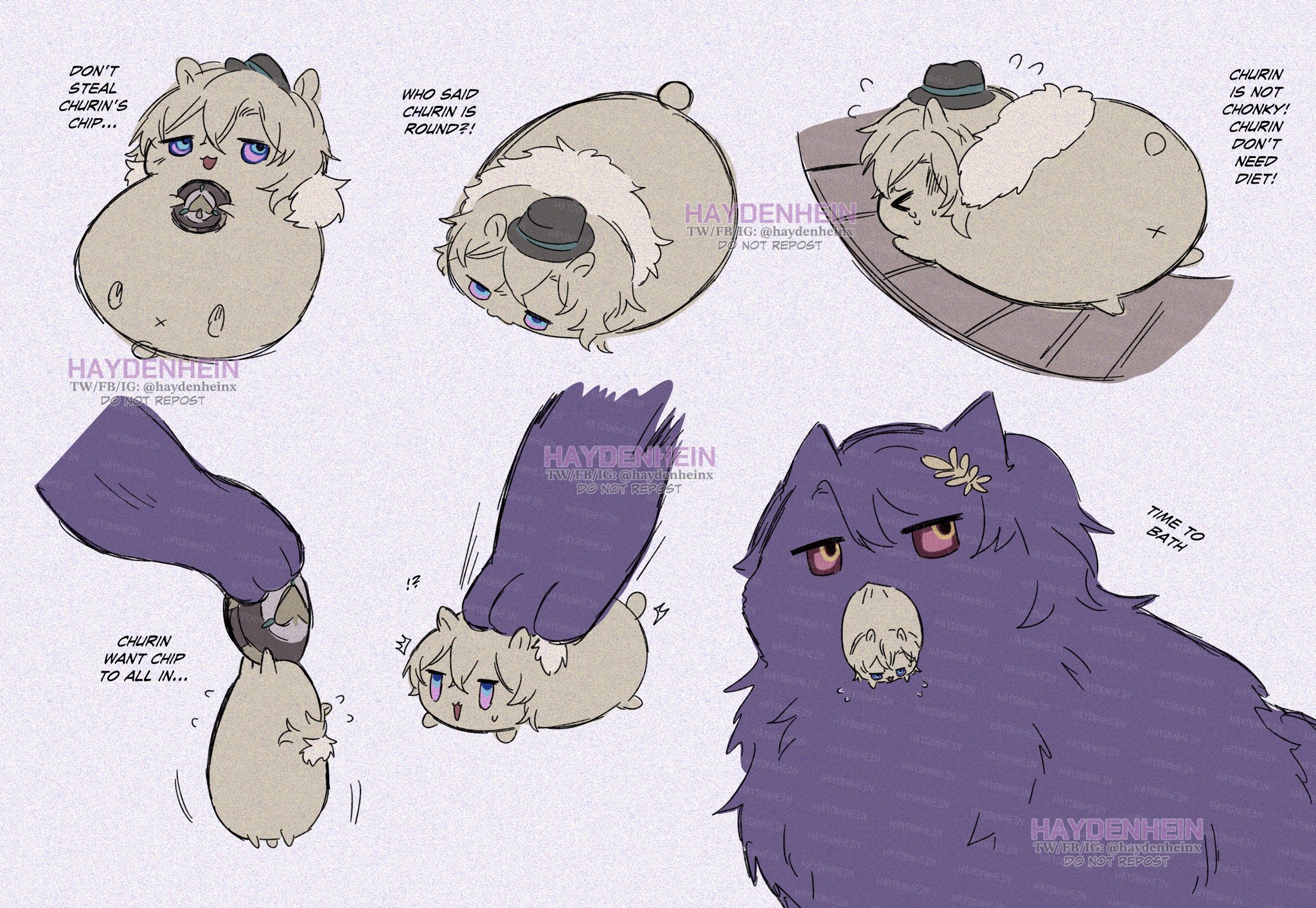 this is a cartoon drawing of a purple furry catlike character named "churin" in different situations, each with a different facial expression. one panel shows churin holding a chip, while another shows churin taking a bath and another shows churin getting eaten by a smaller fluffy white bearlike character. the background is a light pastel pink.