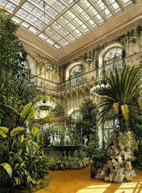 the image depicts a lush indoor garden or conservatory inside a building with a glass roof allowing ample sunlight to filter in. the space is filled with various types of plants and trees, including a prominent palm tree. a fountain with statues is centrally located. the architecture includes windows, ivycovered walls, chandeliers, and balconies, indicating a grand and ornate design. the scene conveys a sense of tranquility and natural beauty within a constructed environment.