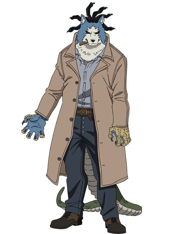 this anime character concept art depicts a humanoid wolfreptile hybrid. he's dressed in a long tan trench coat, a buttondown shirt, and pants.  the character stands against a plain white background.