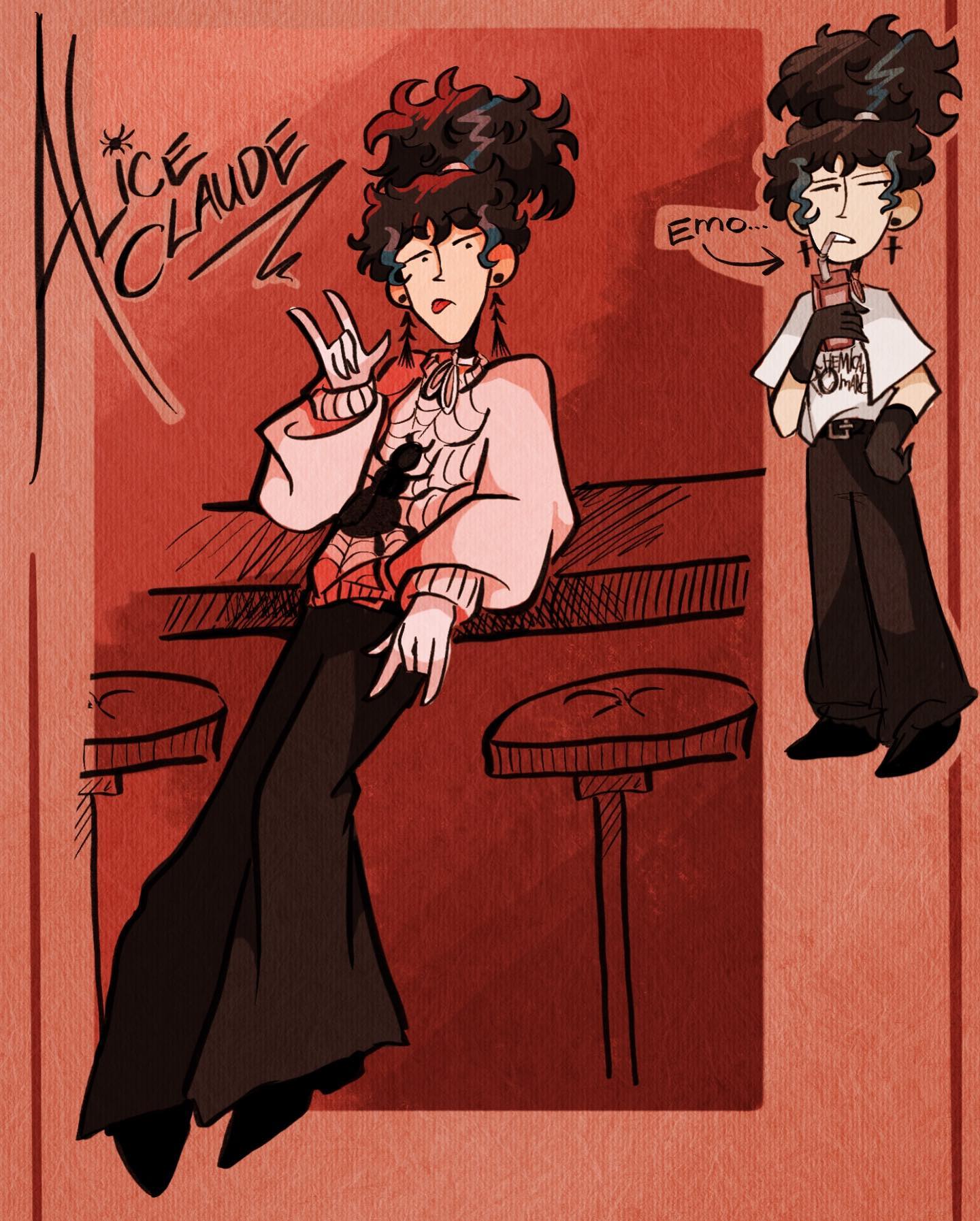 this is a digital illustration of two people drawn in a cartoon style. the woman is sitting with one leg crossed and the other stretched out. she has curly black hair and is wearing a pink sweater and black pants. the man is standing with his hands in his pockets, he has black hair, a black shirt and black pants. both of them are wearing earrings.  the background is red. the woman has the text "alice claude" written above her and there is a speech bubble above the man that says "emo...".