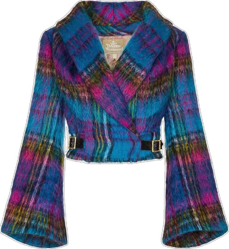 a blue, cropped jacket with a plaid pattern and long bell sleeves. the jacket has a wide collar, a belt around the waist, and a small label on the inside that says "vivienne westwood". the jacket is made of wool and has a fuzzy texture. it is likely a vintage piece.