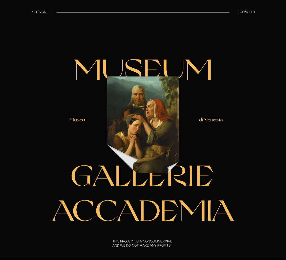 this is a graphic design concept for a museum in venice called "museo di venezia, gallerie academia".  the design features a painting of three people in an oldfashioned setting,  with the museum name prominently displayed. the font choice is classical and bold, emphasizing the historical and cultural significance of the museum. the image evokes feelings of history, tradition, and the rich artistic heritage of venice.