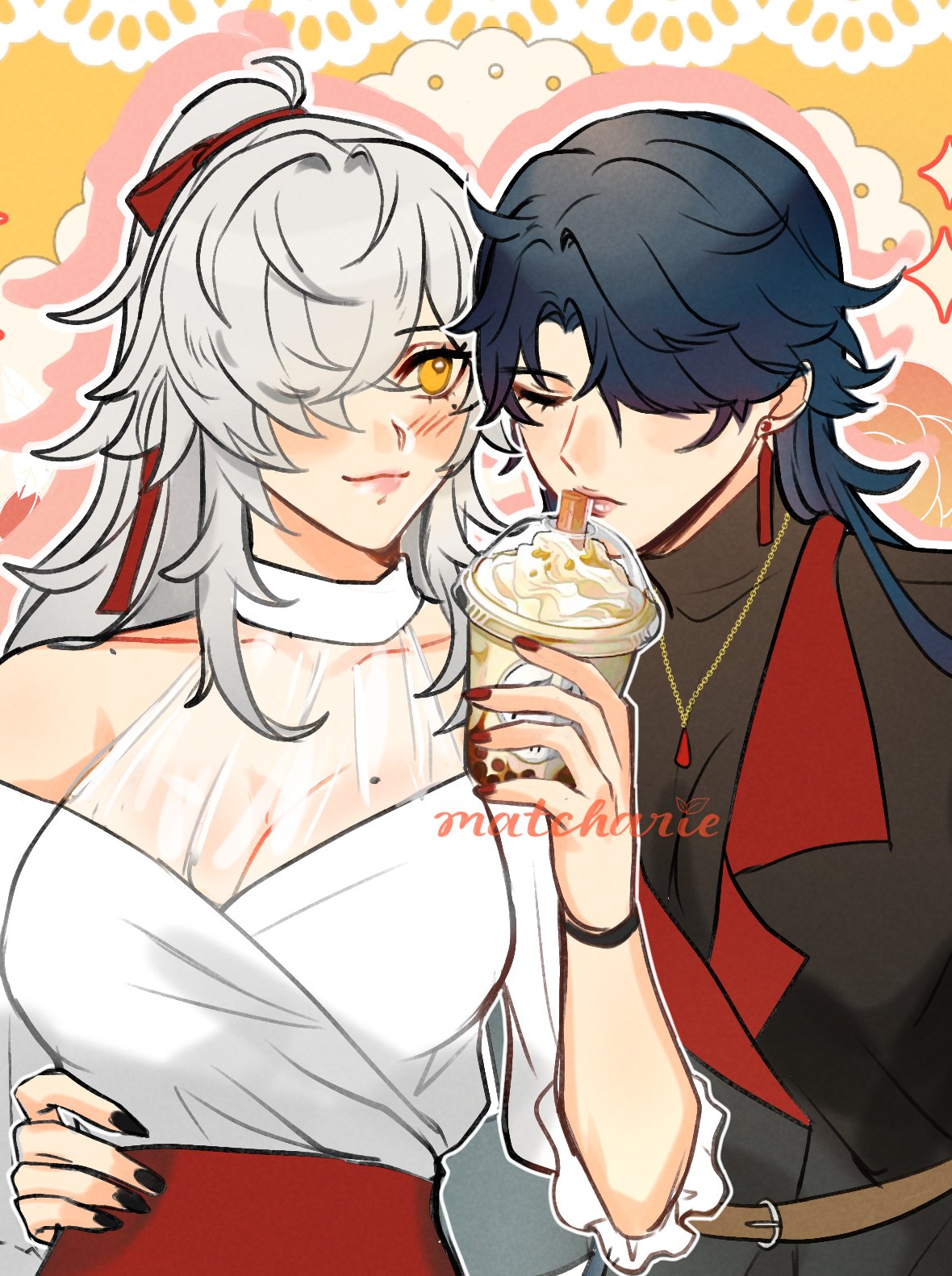 the image depicts a romantic scene between a young girl and a young boy, both dressed in stylish attire. the girl has long white hair adorned with a red ribbon and is wearing a white dress. the boy has black hair and is wearing a black and red shirt with a golden necklace. they are sharing a boba tea drink and are looking at each other affectionately. the image has a soft, colorful background, suggesting a date or a romantic encounter. the artwork has an anime or manga style, with delicate features and vivid expressions. it portrays a sweet and loving couple, their interaction suggesting a happy and fulfilling relationship.