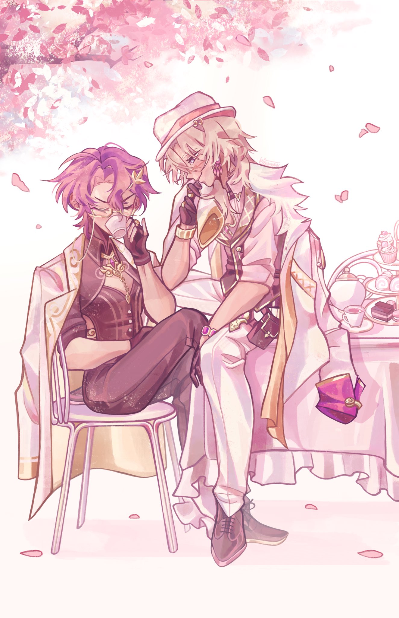this is an anime illustration depicting two men in a tea party. they are dressed in fancy clothes, one in a pink and white outfit and the other in black and white. they are sitting at a table with a tea set and holding hands. the background is a pastel pink color and there are pink flowers falling from the sky. the image gives a romantic and cute vibe.