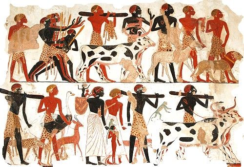 this ancient egyptian tomb painting depicts a scene of daily life, showcasing activities like animal husbandry, farming, hunting, and fishing. groups of men are shown engaging in these activities, surrounded by various animals like cows, goats, gazelles, and birds. the vibrant colors and detailed figures offer a glimpse into the practices and cultural significance of these activities in ancient egyptian society.