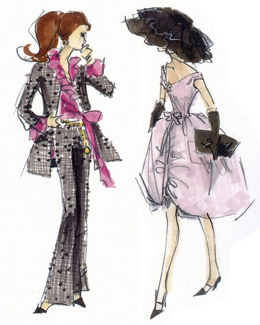 a fashion illustration depicts two women wearing fashionable outfits. on the left, a woman with brown hair in a ponytail wears a grey suit with black polka dots, a ruffled pink top, and a gold chain belt with a small purse. on the right, a woman with dark hair wears a pink dress, a black hat, and black gloves, and carries a black purse.