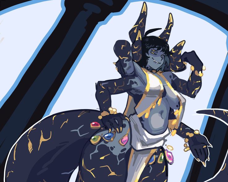 a confident, sixarmed lamia with black scales, gold accents, and colorful jewels poses in a templelike setting. the low camera angle emphasizes her imposing figure and confident demeanor. her snake tail winds off to the left, while her upper body is adorned with gold jewelry and a white cloth. the background features blue and white architectural details, suggesting a grand, ancient structure.