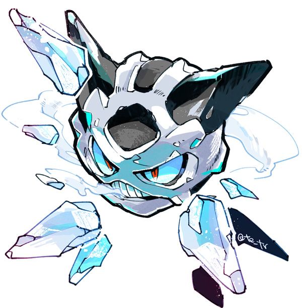 this is a piece of fanart depicting a stylized glaceon, a pokémon.  the art style is dynamic and energetic, with sharp lines and a color palette dominated by blues, whites, and grays. the glaceon is depicted in a somewhat aggressive pose, with its icy shards seeming to burst outward. the overall style leans toward anime and manga influences, with a slightly chibilike quality to the proportions. the background is mostly white, focusing attention on the pokémon itself.  the artist's signature (@tetr) is visible in the lower right corner.