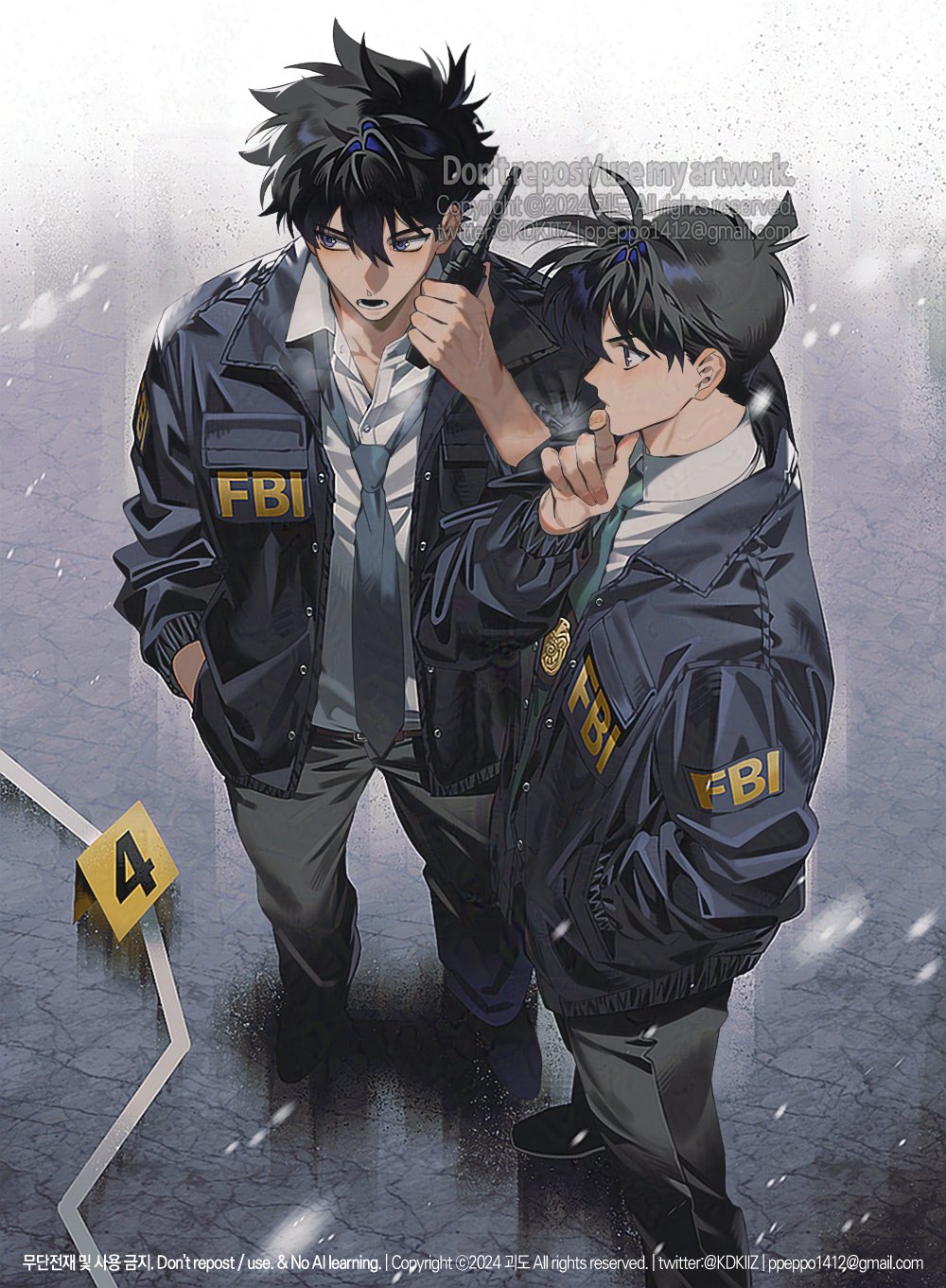 the image is a digital painting or illustration in a dark, realistic anime style. it depicts two young men, possibly detectives or fbi agents, dressed in dark navy jackets with prominent "fbi" patches on the sleeves. they stand on a dark, slightly snowy ground near a crime scene marker labeled "4." the men appear serious and intense, one holding a walkietalkie to his ear. the overall atmosphere is moody and suggestive of a crime investigation. the art style is highly detailed, with attention paid to clothing textures, hair details, and lighting. the image has a stylized, cinematic feel.