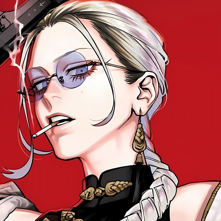 this is a portrait of a young anime woman with long white hair, she is wearing a black and gold shirt, glasses, and earrings. she has red eyes and is holding a cigarette in her mouth. the background is red.