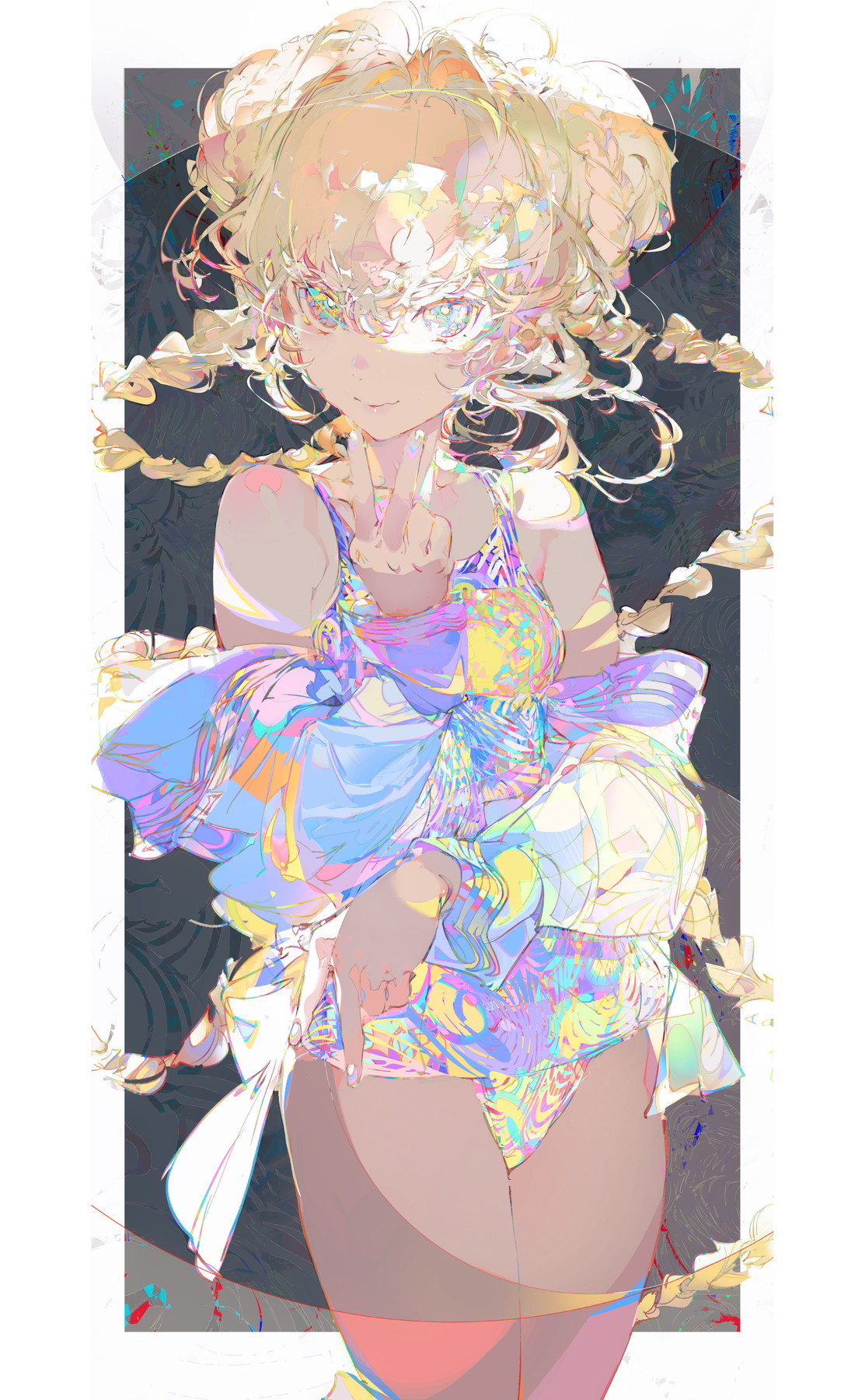 the image is a digital illustration or painting of an animestyle young woman. she has blonde hair styled in large, loose braids that frame her face.  she's wearing a pastel, iridescent swimsuit or leotard with a colorful, almost holographic, pattern.  a sheer, similarly patterned garment is draped over her shoulders. her pose is slightly angled, with one hand gesturing a peace sign. the background is dark and abstract, contrasting with the bright colors of the figure. the overall style is highly stylized, with a focus on texture, color blending, and a slightly surreal aesthetic.  the artist's skill in rendering light and shadow adds depth and interest.