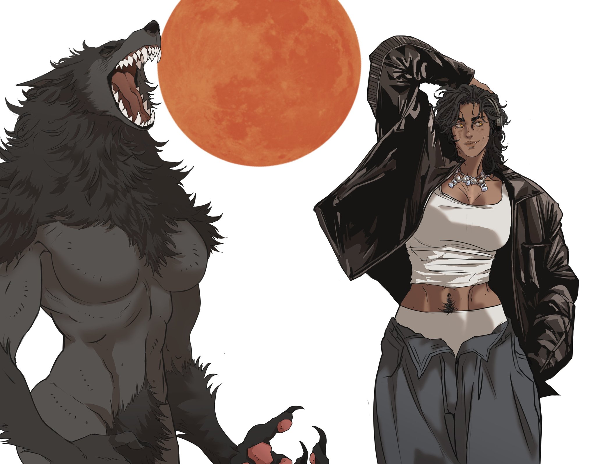 the image shows a transformation scene of a woman turning into a werewolf under a full moon. on the left, there is a grey werewolf with sharp teeth and claws. on the right, there's a woman with dark hair, wearing a white tank top, baggy pants, and a black leather jacket. she has a necklace and a small tree tattoo on her stomach. the background features a large orange full moon.