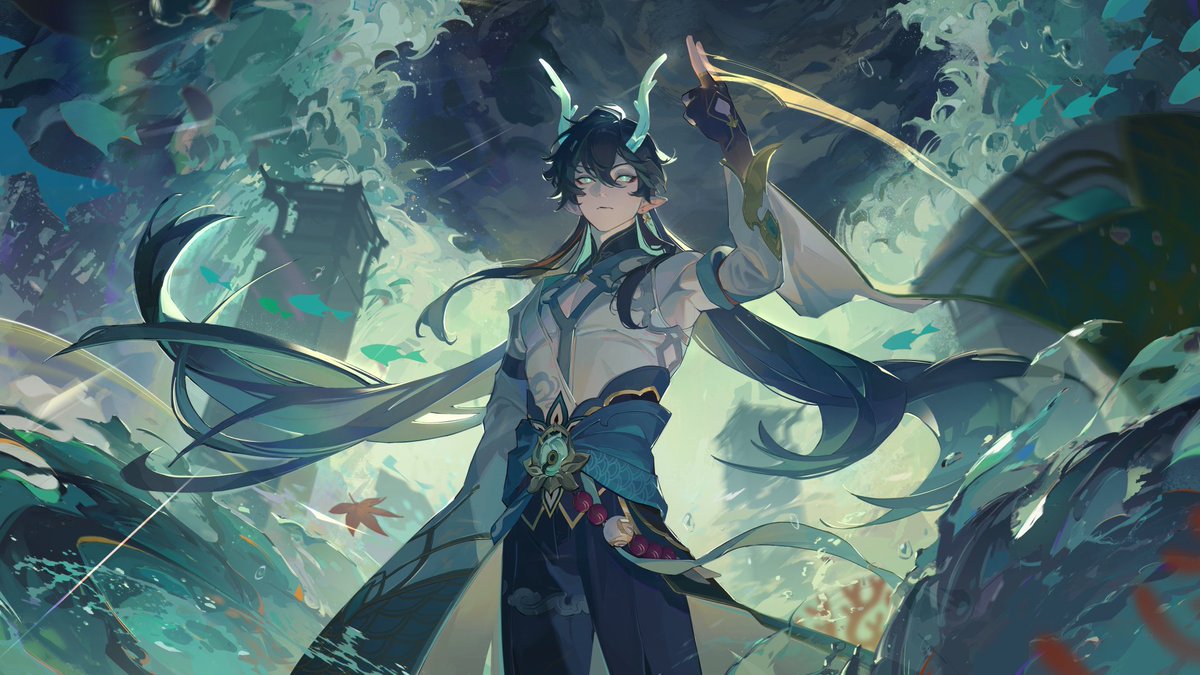 the image is a stunning piece of digital fanart depicting a male character, strongly reminiscent of tartaglia (childe) from the popular video game genshin impact. the character is rendered in an anime style, with long, flowing blue hair that blends with the surrounding water. he possesses striking green eyes and small, elegant horns. he's dressed in a stylish outfit with gold and blue accents, his attire flowing dynamically as if underwater. the background is a vibrant scene of swirling ocean waters filled with fish, creating a strong sense of movement and immersion. the overall mood is mystical and ethereal, showcasing the power and elegance of the character within the aquatic environment. the art style is highly detailed and uses a dynamic color palette of blues, greens, and golds to evoke a sense of depth and fantasy.