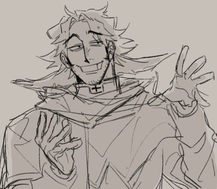 a black and white sketch of an anime character, a man with long, wavy hair, wearing a collared shirt and sleeves, the collar has a cross shape. he is smiling with a sly look, and holding his hand out in a gesture.  the background is a light gray.