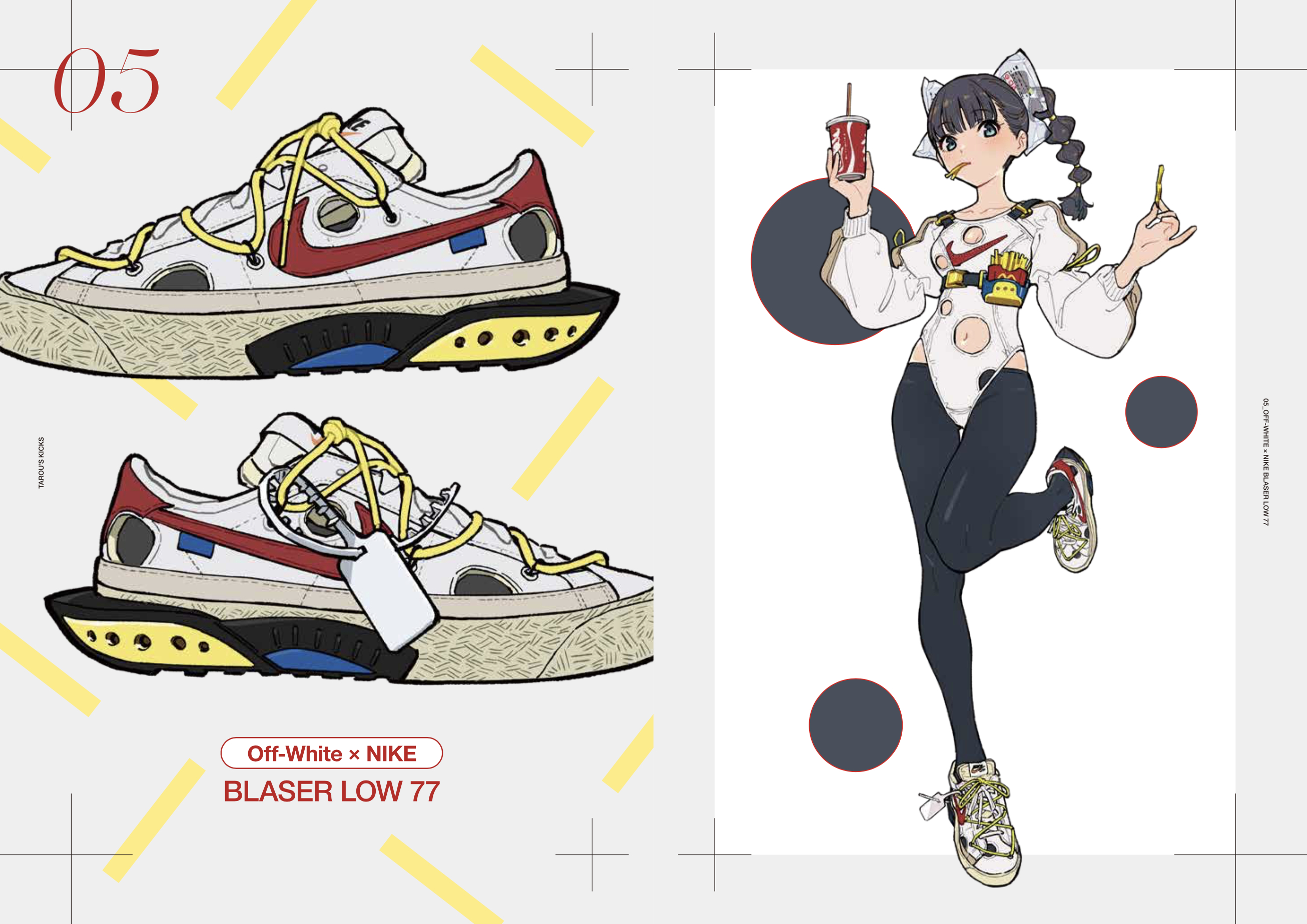 the image is a digital illustration featuring a collage of two main elements.  the left side showcases a detailed drawing of a pair of offwhite x nike blazer low 77 sneakers, shown from two angles. the right side presents a stylized animestyle girl in a bodysuit, holding a soda and french fries, also wearing a pair of the same sneakers.  the overall style is a blend of fashion illustration and anime aesthetics, with a clean and modern graphic design.  the color palette is muted with pops of bright color accents. the text "offwhite x nike" and "blaser low 77" are clearly visible below the sneaker illustrations. the number "05" is prominently displayed in the upper left corner.