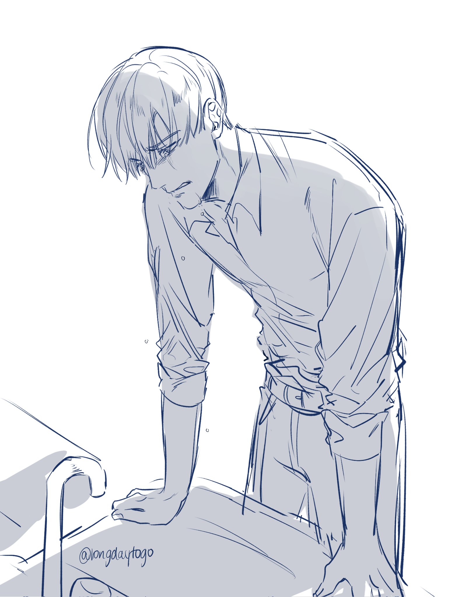 the image is a sketch or drawing in a style reminiscent of anime or manga. it depicts a young man with short, slightly messy hair, who appears to be sad or upset. he's leaning forward, his head bowed, and his overall posture conveys a sense of weariness or dejection. he's dressed casually in a shirt and pants. the art style is loose and sketchy, utilizing light blue lines on a white background. the lack of sharp lines and detailed shading contributes to the feeling of a quick, expressive sketch rather than a finished piece.  the overall mood of the image is melancholic and introspective.