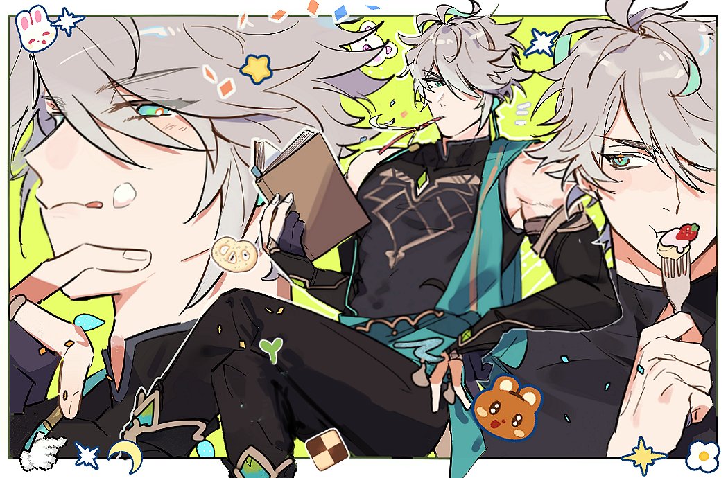 this digital art piece is an illustration of an anime boy character with white hair and green eyes. he is wearing a black and blue outfit and holding a book in one hand. he is smiling and has a happy expression. there are also other cute details in the drawing, such as stars, hearts, and other fun designs. in the background, there's a similar character with a different expression, enjoying some dessert.  the image is welldone and colorful, showcasing the character's personality.