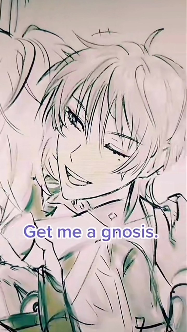 the image is a stylized animestyle drawing or digital painting of a young woman with lightcolored hair. she has a cheerful expression, with a slightly mischievous smile.  the art style is somewhat loose and sketchy, with visible lines and shading that give it a delicate and expressive feel.  the background is blurred and indistinct, focusing attention on the character. text overlayed on the image says "get me a gnosis." the overall tone is light and playful.