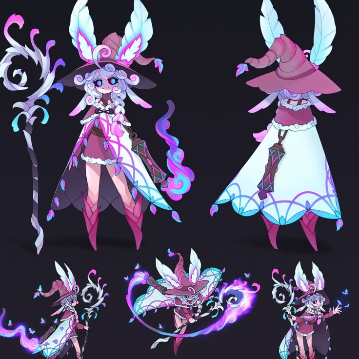 the image showcases a character design for a fantasy witch. there are multiple poses and angles of the character, highlighting different aspects of her design. she wears a hat with featherlike wings, a dress with a white cape, and carries a staff. a lantern hangs from her cape, and magical effects are visible, including glowing butterflies and swirling energy. the color palette is primarily purple, pink, and white.