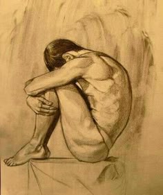 a realistic charcoal drawing of a nude man sitting with his arms wrapped around his legs.  the man's head is bowed and his face is obscured by the position of his arms.  the drawing is in a muted sepia tone and highlights the anatomy of the figure.  the man appears to be seated on a stool or platform in the studio.