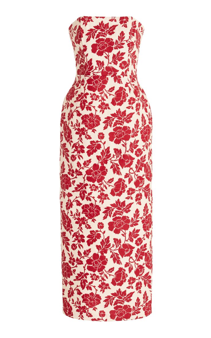 a red and white floral strapless dress with a fitted bodice and skirt. the dress is midlength and has a simple silhouette.