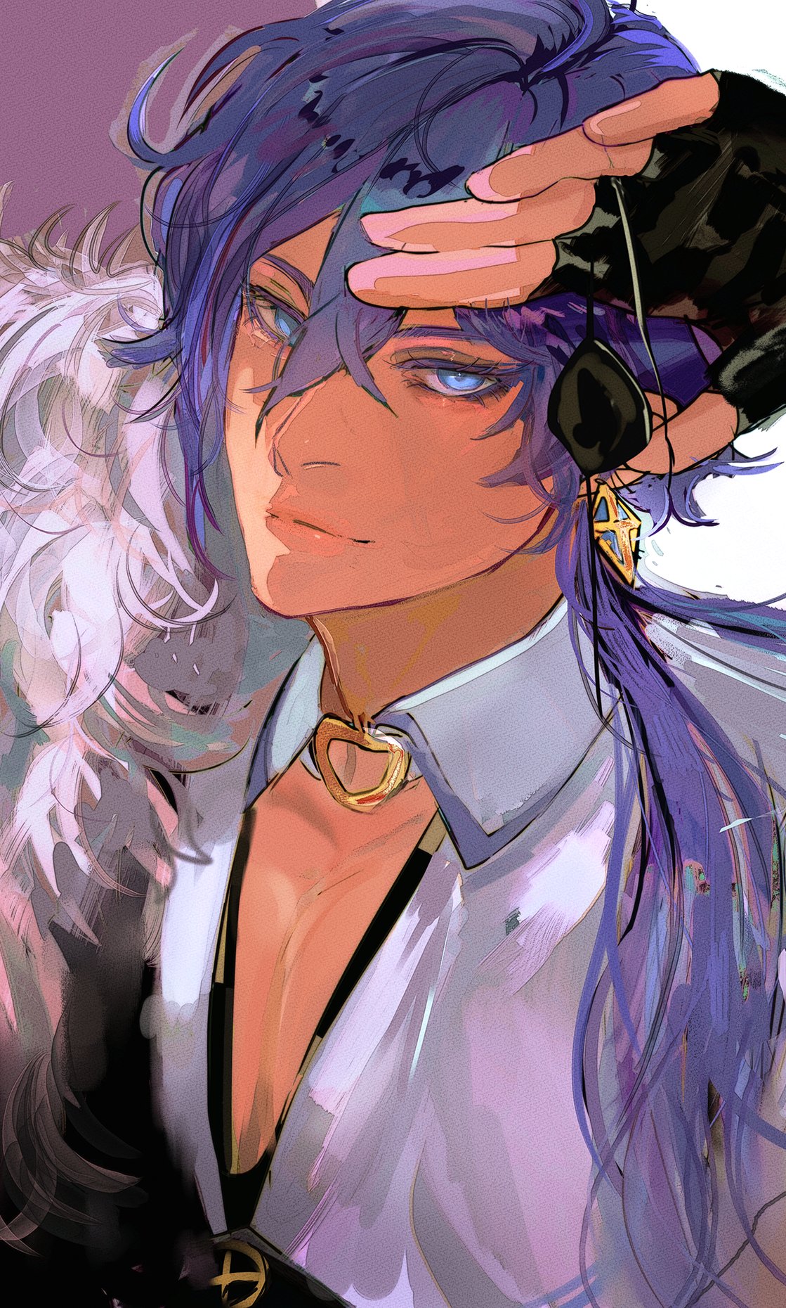 this is a digital art illustration of an anime character. he has long blue and purple hair, an eye patch,  gloves, an earring, a heart necklace, and a white shirt. he has a soft expression and looks very handsome.