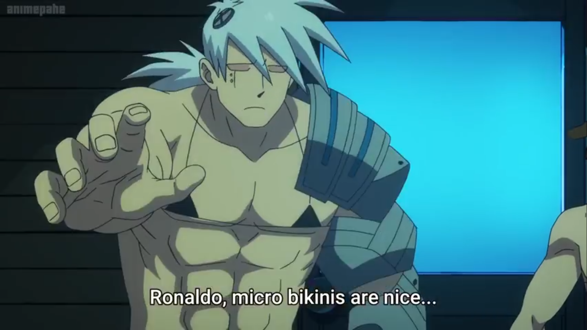in this nighttime scene from an animated tv show, a very muscular, paleskinned man with a serious expression and slickedback white hair reaches his right hand toward the camera. his left arm, partially obscured by a large metal brace, is bent at the elbow. he's clad in what appears to be a black bikini top. the setting suggests a dimly lit room with a bluetinted window as the backdrop. subtitles at the bottom of the frame read, "ronaldo, micro bikinis are nice...".  a woman with long brown hair is partially visible on the right side of the image, her back to the viewer.