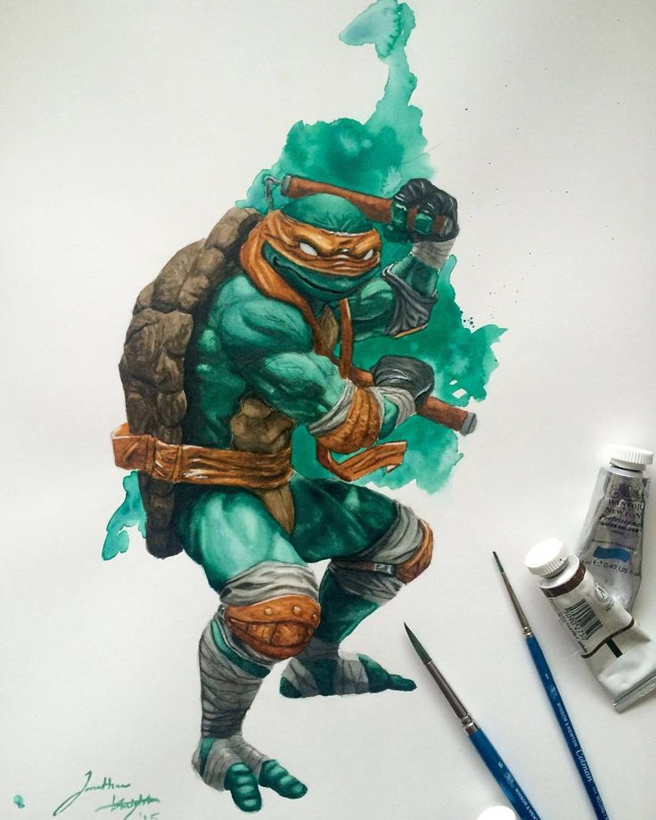 a watercolor painting of michelangelo from teenage mutant ninja turtles. he's wearing his signature orange bandana and is holding his sai. the painting is done on a white background and has a green watercolor splattered behind michelangelo.  there are paint brushes and paint tubes at the bottom of the image.