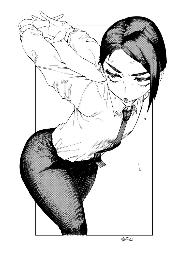an anime/manga style drawing of a woman in a uniform consisting of a white shirt, tie, and pants, with her hands behind her head. she is looking down and there are visible drops of sweat, indicating exertion.