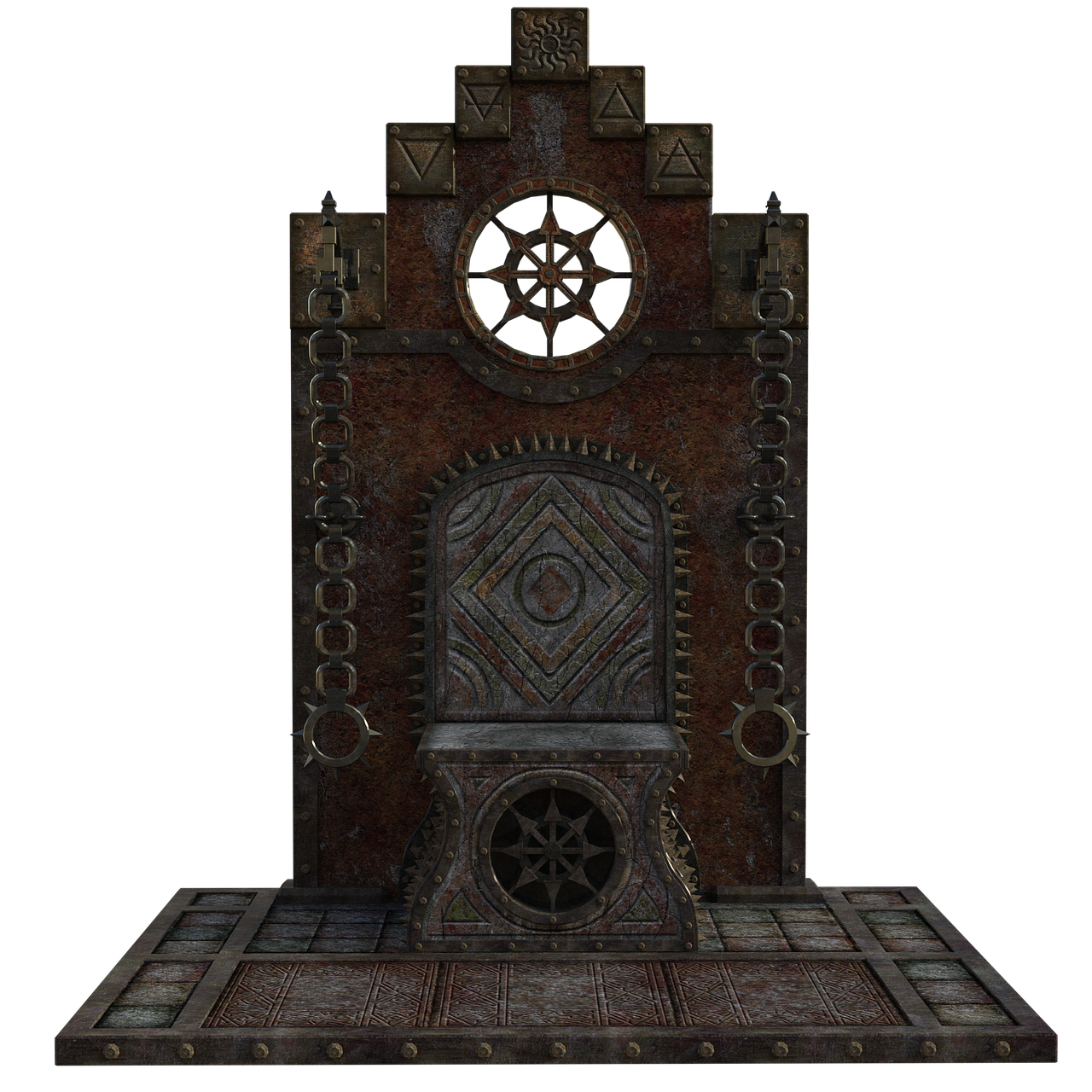 an image of a rusty, ornate, medievalfantasy style metal throne on a metal platform against a black background. the throne has various symbols and circular elements with spikey details. chains hang down either side.