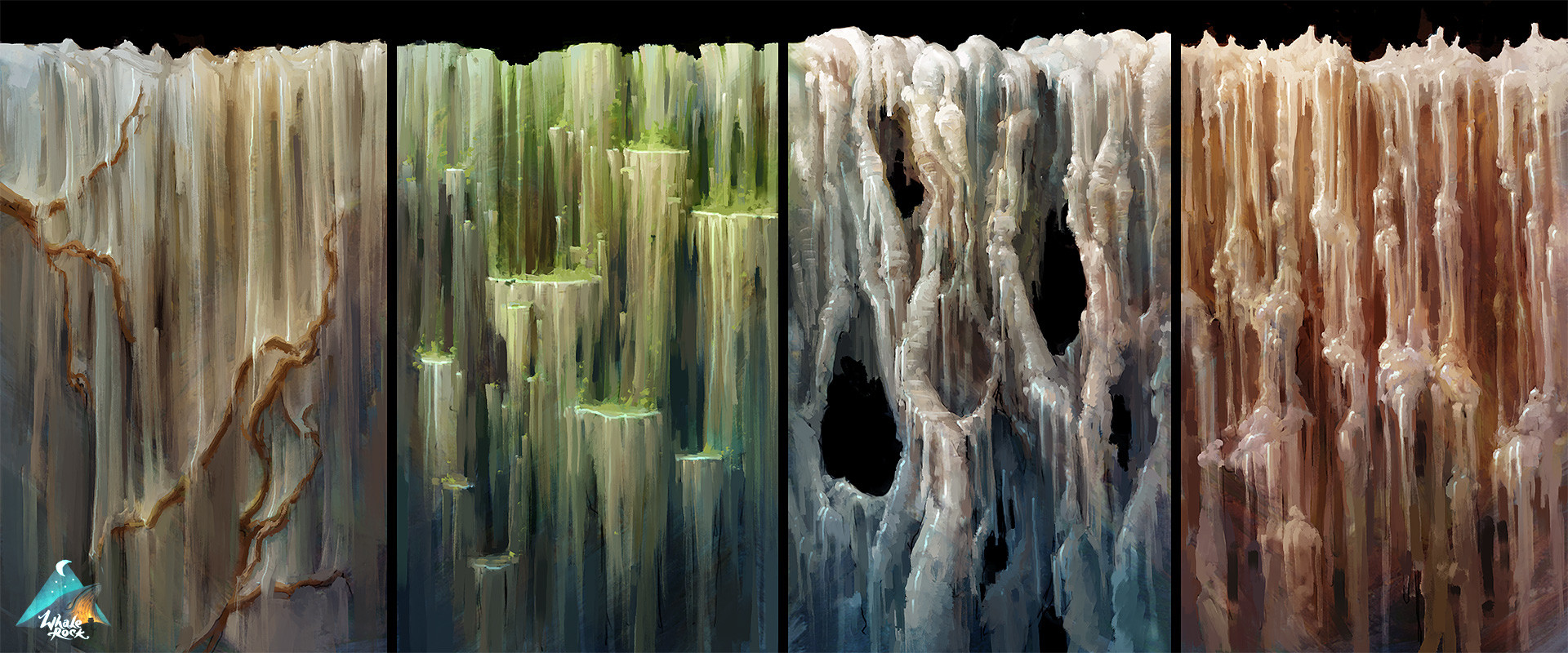 the image shows four variations of a rock cliff texture. each variation has a different color palette and surface detail, ranging from smooth and cracked to jagged and overgrown with moss.