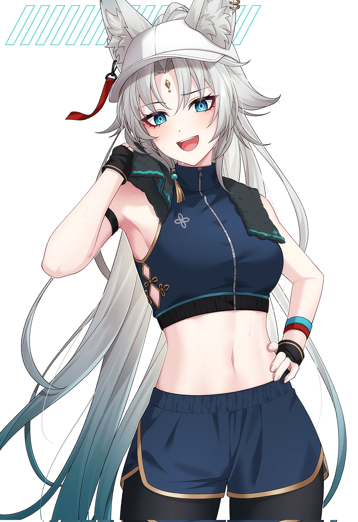 an anime girl with long white hair, wearing a blue tank top with a white cap. she is smiling and her left hand is on her hip, while her right hand is holding her tank top.
