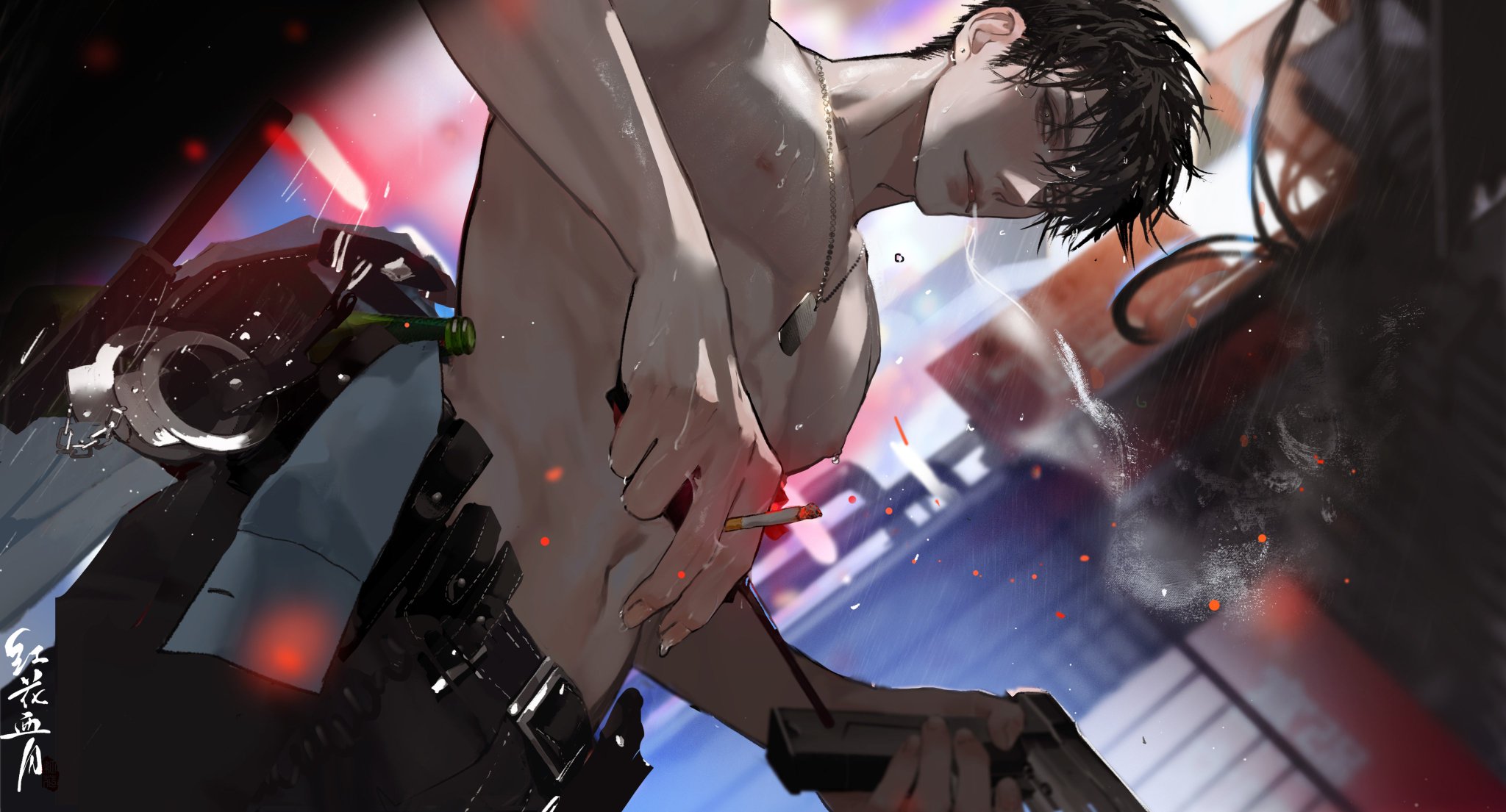 the image presents a stylized digital art piece featuring a muscular man, presumably a police officer, amidst a rainy city street at night. he is depicted shirtless, revealing his toned physique and a dog tag necklace, while putting out a cigarette. he is equipped with police gear like a utility belt holding a gun, handcuffs, and what seems to be a bottle of alcohol. the scene is dramatically lit with neon lights, emphasizing the rain and creating a cinematic, film noir aesthetic. the perspective is from a low angle, looking up at the subject.