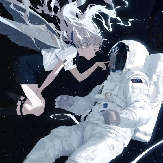 the illustration showcases a young woman, seemingly weightless, reaching out to an astronaut drifting in the vast expanse of space. the woman, adorned in a white top and dark skirt, exudes an ethereal quality, her long, flowing hair blending seamlessly with the cosmic backdrop. she gently touches the visor of the astronaut's helmet, creating a poignant connection between them. the astronaut, clad in a detailed spacesuit, appears suspended in a state of peaceful drift. the background is a mesmerizing tapestry of deep blues and blacks, punctuated by the twinkling of distant stars, which amplifies the sense of awe and wonder.