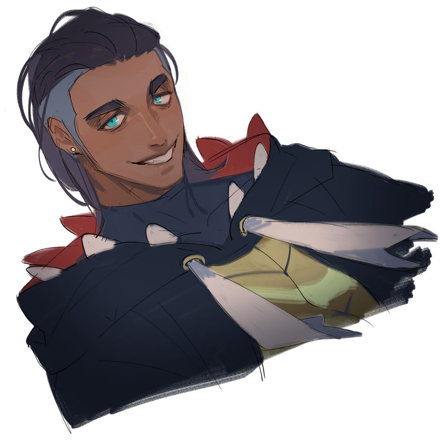 a stylized illustration of a darkskinned man with bright blue eyes and a smirk, wearing fantasy clothing with shoulder spikes and blades. he has an earring in his left ear.